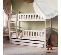 Lit superposé convertible enfant - Avec lit gigogne - 2 tiroirs - Sommier + matelas inclus - 2 lits 90x200 et 1 lit 90x190 - Blanc