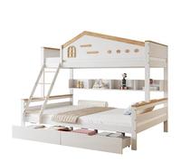 Lit superposé de 90 x 200 cm et 140 x 200 cm avec grille de protection anti-chute, deux tiroirs, fenêtre, avec patins inclinés à quatre niveaux, étagère ouverte, pin + MDF, blanc + naturel,