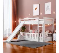 Lit superposé double avec toboggan convertible et échelle, taille double, bois de pin massif et MDF, économie d'espace, design sûr, blanc