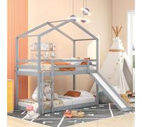 Lit superposé double avec toit, toboggan et échelle, design simple en bois avec 14 lattes et garde-corps, pas besoin de sommier tapissier, 206 cm (L) x 94 cm (l) x 228,6 cm (H) Espresso (Gris Twin sur