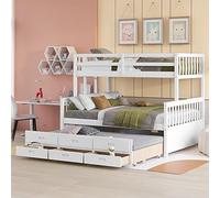 Lit superposé double sur lit double avec gigogne de taille double, lit en bois séparable avec trois tiroirs et système de support à lattes pour chambre à coucher, pas de sommier tapissier nécessaire