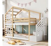 Lit Superposé en Bois 90x200 cm Lit Enfant Cabane avec Escalier, 2 Meuble de Rangement et Barrières de Sécurité - Blanc + Naturel