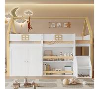 Lit superposé en bois, lit mezzanine, échelle de rangement sécurisée à deux niveaux, grand espace de rangement avec étagères et armoire, toit et fenêtre exquis, clôtures robustes anti-chute, blanc +