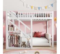 Lit Superposé Enfant 140 x 200 cm, Lit Mezzanine avec Escalier de Rangement et Barrière, Cadre de Lit en Bois, Lit Combine, Blanc