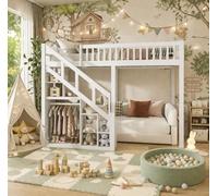 Lit Superposé Enfant 140x200 cm,Lit Double Mezzanine Multifonctionnel avec Escalier de Rangement et Barrière de Sécurité,Bois Massif,Lits Mezzanine 2 Places pour Garçons et Filles (Blanc, 140x200)