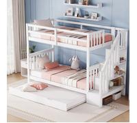 Lit Superposé Enfant 3 Places - 2 Lits fixes + 1 Lit gigogne, Garde-Corps 35cm & Échelle Rangement, Blanc, 90x200cm