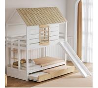 Lit superposé enfant 3 places 90×200 cm Lit cabane en bois avec lit gigogne toboggan toit fenêtre et sommier à lattes - naturel