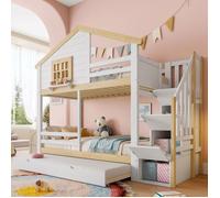 Lit superposé enfant 3 places 90×200 cm Lit cabane Lit triple en bois avec lit gigogne échelle de rangement et somm LITS SUPERPOSES