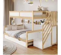 Lit Superposé Enfant 90-120×200cm - REDOM - Avec Lit Gigogne, Armoire, Escalier De Rangement Et Sommier - Bois Blanc+Naturel