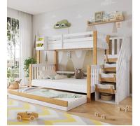 Lit Superposé Enfant 90/120x200 cm avec Protection Anti-Chute et Barrières, Lit Double avec Lit Gigogne, Pin + MDF, Blanc + Naturel