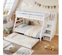 Lit Superposé Enfant 90/120x200cm - Escalier de Rangement + Lit Gigogne 90x190cm - Sécurité EN747 - Gain de Place Optimal - Blanc