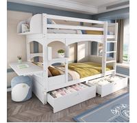 Lit superposé enfant 90×200 cm avec bureau rabattable et tablette de chevet, lit double avec tiroirs de rangement, bois