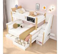 Lit superposé Enfant 90 x 200 avec échelle de Rangement,lit Mezzanine 2 Places 90x200 avec Tableau et tiroirs,lit cabane Enfants Multifonctionnel,sans Matelas,Blanc+chêne Clair