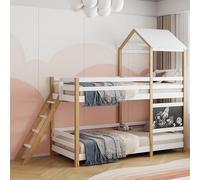 Lit Superposé Enfant 90 x 200 avec Escalier, Lit Mezzanine pour Enfant avec Tableau Noir, LIt Cabine avec Clôture, Lits Superposés en Deux Positions, Chambre Enfant en Pin (Naturel et Blanc, 90x200)