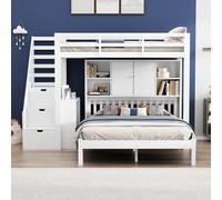 Lit superposé Enfant 90x200 avec étagère de Rangement,lit cabane Enfants 140x200,lit Mezzanine 2 Places avec escalier,avec Barriere,Mezzanine escalier,Bois Massif + MDF,Blanc