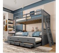 Lit superposé enfant 90x200 cm avec lit gigogne - 3 tiroirs - échelle - peut être divisé en Deux Lit simple - Bois massif - Gris