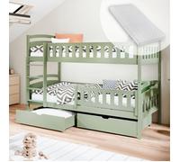 Lit superposé enfant 90x200 cm - Avec matelas - Convertible en 2 lits simples - 2 tiroirs + 2 sommiers - Lit enfant - Vert Olive