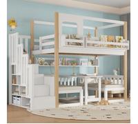 Lit Superposé Enfant 90x200 cm avec Table Réglable en Hauteur, Escalier Rangement, Bibliothèque Intégrée - Pin - Blanc et Naturel