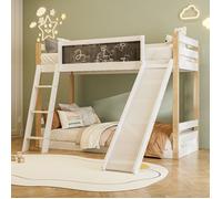 Lit superposé enfant 90x200 cm avec toboggan et escalier 3 marches, garde-corps 4 côtés, bois blanc