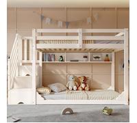 Lit superposé enfant 90x200 cm blanc armoire escalier rangement bois frères sœurs sécurité sans matelas