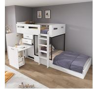 Lit superposé enfant 90x200 cm blanc noir avec bureau escamotable, armoire, tiroirs et échelle, sans matelas
