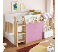 Lit superposé enfant 90x200 cm en bois massif avec rangement ouvert et échelle, lit mezzanine mi-hauteur, Lit cabane enfant Rose