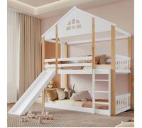 Lit superposé enfant 90x200 cm Lit cabane avec toboggan, escalier 3 marches, barrières de sécurité - Bois Massif - Blanc et Naturel