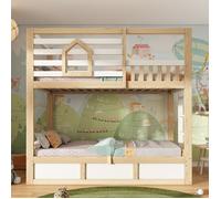 Lit superposé enfant 90x200 cm Lit cabane bois avec fenêtre - garde-corps - échelle droite - certifié EN747 - Chêne