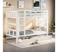 Lit Superposé Enfant 90x200 cm, Lit Double Enfant avec 2 Tiroir de Rangement, Escalier à Angle Droit, Protection Anti-Chute, Peut Être Divisé en 2 Lits Simples, pour Enfants, Adolescents (Blanc)