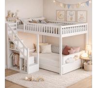 Lit Superposé Enfant 90x200 cm,Lit Double Mezzanine Multifonctionnel avec Escalier de Rangement et Barrière de Sécurité, Bois Massif, Lits Mezzanine 2 Places pour Garçons et Filles(Blanc, 90x200)