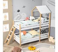 Lit superposé Enfant 90x200 cm, Lits mezzanine 2 places avec Escalier et tableau noir, Lits cabane enfants 90x200, lit Enfant 2 Places avec barriere et sommier à lattes,sans Matelas,Bois Massif