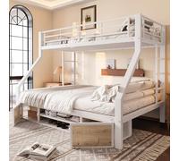 Lit Superposé Enfant 90x200 et 140x200 cm Métal avec Armoire à Chaussures et Compartiments de Rangement, Lit Enfant avec Balustrade, Cabane Mezzanine Double avec échelle pour Enfants, Blanc
