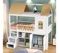Lit superposé Enfant 90x200,lit cabane Enfants avec Armoire,lit Mezzanine 2 Places,Enfant avec Barriere,Mezzanine escalier avec rangements et Armoire à Chaussures,Blanc + Naturel