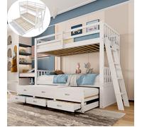 Lit Superposé enfant - 90x200 - Transformable - 3 Tiroirs - Échelle Inclinée Sécurisée - Certifié EN747