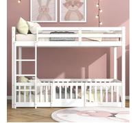 Lit superposé enfant 90x200cm avec escalier à angle droit, avec protection antichute et garde-corps, bois massif, blanc