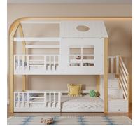 Lit Superposé Enfant 90x200cm Échelle de Rangement et Barrière Sécurité,Design Maison avec Fenêtre/Toit - Pin et MDF