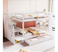 Lit Superposé Enfant 90x200cm - Garde-Corps Haute+Escalier de Sécurité - 4 Tiroirs+Grands Casiers Intégrés - Blanc Moderne