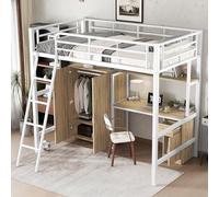 Lit superposé Enfant/ado avec Bureau et Armoire 90x200 cm - Lit Mezzanine Métal Rangement optimisé, it Enfant Échelle inclinée 4 marches - Métal & Panneaux de Particules (sans Matelas)