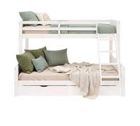 Lit superposé enfant & ado en bois blanc, 90x200 cm et 140x200 cm, avec 2 tiroirs de lit et 2 matelas