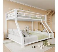 Lit Superposé Enfant avec barrière et marchepied, Lit Superposé 2 Places avec escalier et Rampe, Lit supérieur 90x200 et Lit inférieur 140x200, Lit Enfant Cadre de lit en métal Blanc (Sans Matelas)