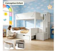 Lit Superposé Enfant avec Escalier de Rangement + 2 Grands Tiroirs, Protection Anti-Chute - (90x200cm+140x200cm) - Blanc