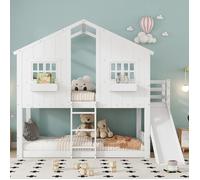 Lit Superposé Enfant avec Toboggan - EN747 - 2 Fenêtres - Pin+MDF , Blanc 90x200cm