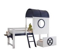 Lit Superposé Enfant avec Toit et Fenêtre, Style Mi-Hauteur Équipé d'un Tiroir à Roulettes et d'une Échelle Inclinée Pratique à Deux Marches, en Pin MDF Contreplaqué, Blanc et Bleu Foncé, 90 x 200 cm