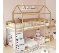 Lit Superposé Enfant avec Trois tiroirs et Une étagère de Rangement, Lit cabane Enfants 90x200 avec échelle, lit Montessori 2 Places avec Barriere de sécurité, Cadre en Bois Massif, Couleur du Bois