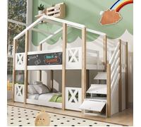 Lit Superposé Enfant bois 90x200cm - lit superposer cabane 2 places - Rangement et Barrière et Escalier - Naturel et Blanc