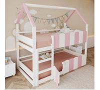 Lit Superpose Enfant Cabane avec Echelle et Garde-Corps Rehausses - TCQPZ - en Bois Blanc et Rose 90 × 200 cm