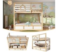 Lit Superposé Enfant en Bois, Style Cabane, Blanc et Chêne, 90x200 cm