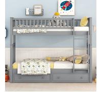 Lit superposé enfant fonctionnels avec tiroirs - Transformable en 2 lits - Gris - 90x200cm - A lattes - Bois massif -Certifié EN747