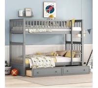 Lit superposé enfant fonctionnels avec tiroirs - Transformable en 2 lits - Gris - 90x200cm - A lattes - Bois massif