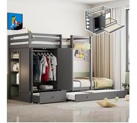 Lit superposé enfant - Gris - 90 x 200 cm - Avec lit gigogne - Penderie et tiroirs - Charge max. 120 kg